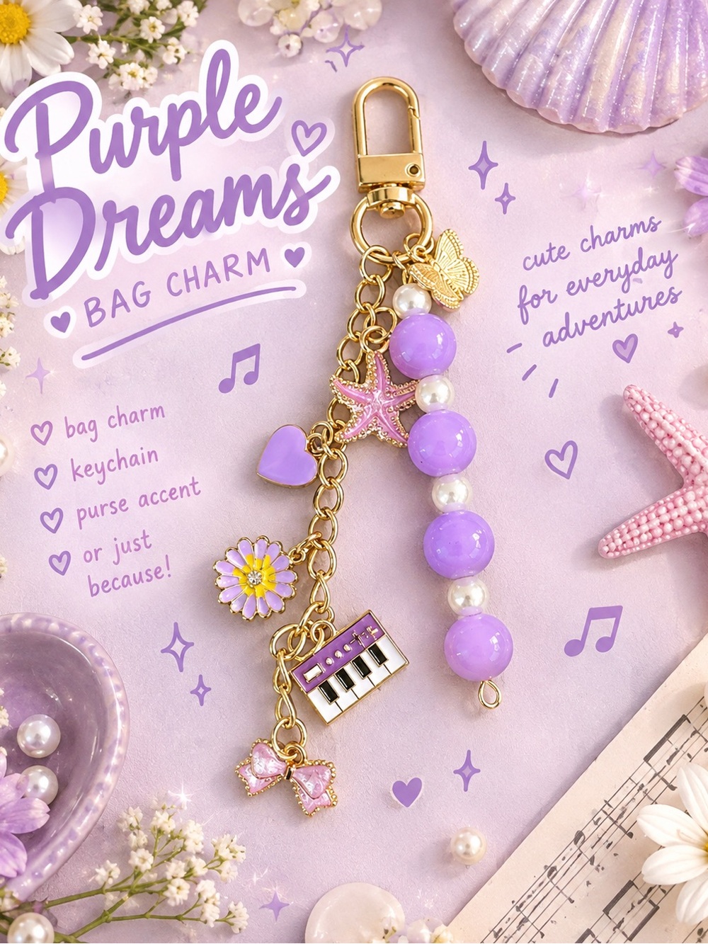 Purple Dreams Bag Charms | Purple & Pink Beaded Keychain |